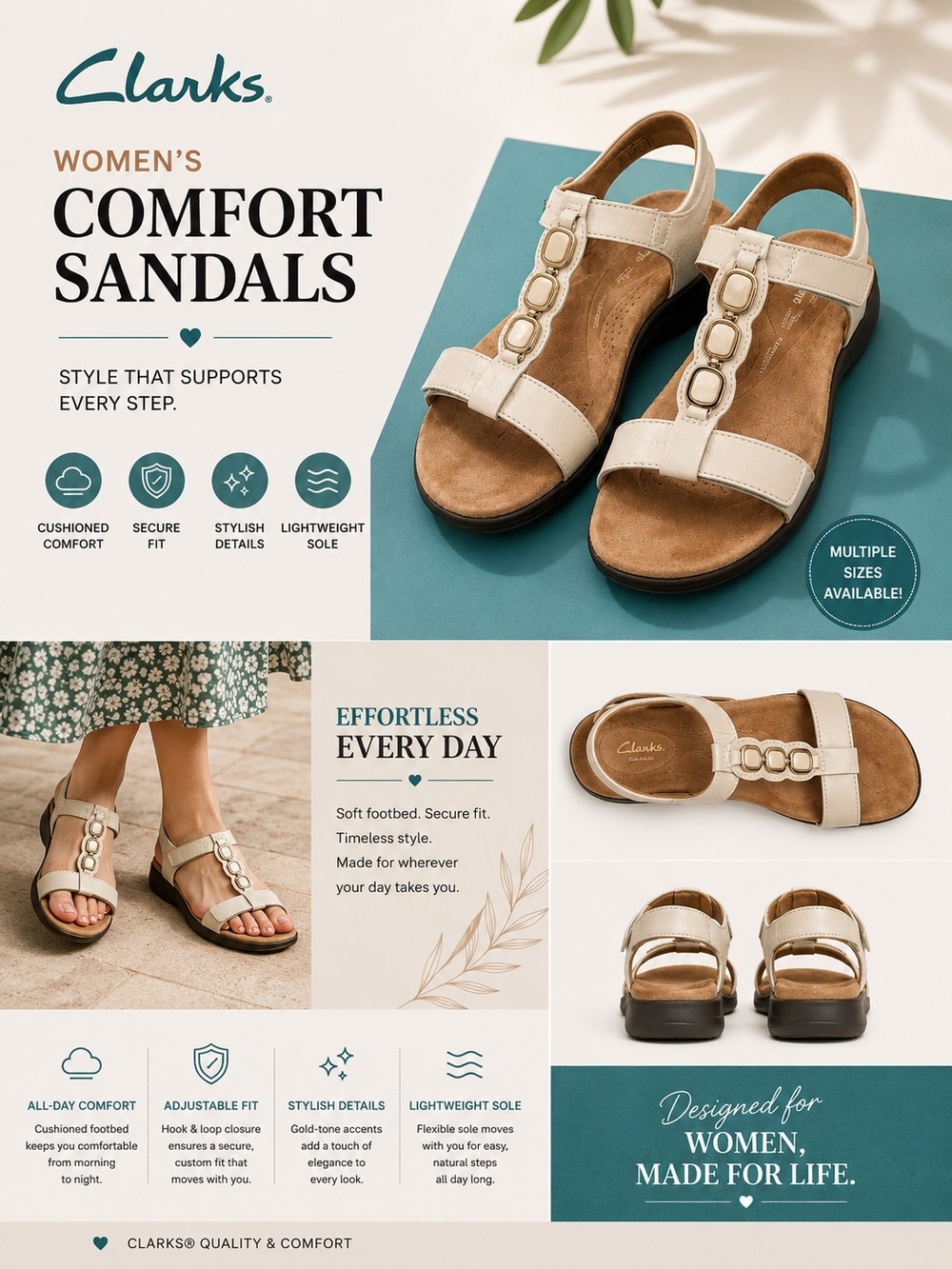 Clarks Cloudsteppers White Comfort Sandals Hook Loop Multiple Sizes 7-10